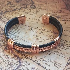 Magnetic Pure Copper & Leatherette Cuff Bracelet, Unisex Bracelet